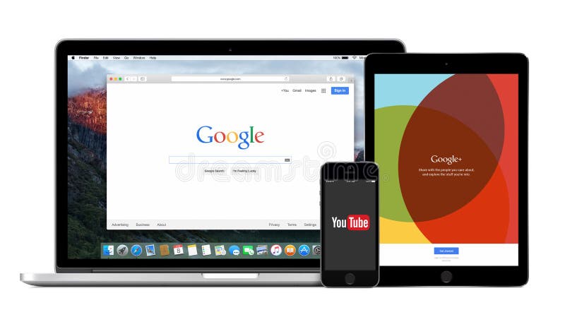 Πολυ συσκευές Google με την αναζήτηση YouTube και Google Google συν στοκ εικόνα με δικαίωμα ελεύθερης χρήσης Πολυ συσκευές Google με την αναζήτηση YouTube και Google Google συν στοκ εικόνα με δικαίωμα ελεύθερης χρήσης