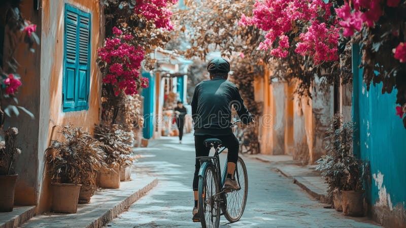 ποδήλατο στην ιστορία εξερευνώντας πολύχρωμους δρόμους της πόλης hoi, αρχαία πόλη βιετνάμ διανυσματική απεικόνιση