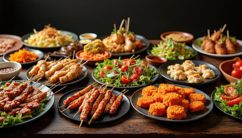 Ποικιλία tapas pintxos από τη Χώρα των Βάσκων Ισπανία. Πλάκες διαφόρων ειδών διατροφής σαλάτες με ψητά λαχανικά κρέατος απεικόνιση αποθεμάτων