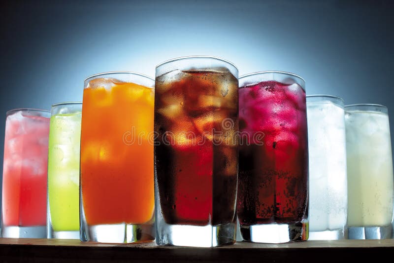 Seven cups of fresh cold drinks. Seven cups of fresh cold drinks