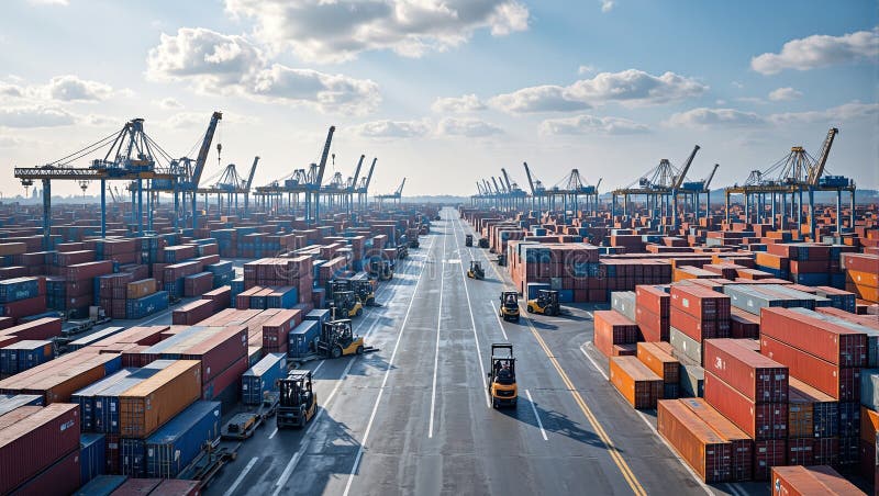 Πολυάσχολη αποθήκη logistics με ανελκυστήρες σε στοίβα και γερανούς εν δράσει ελεύθερη απεικόνιση δικαιώματος