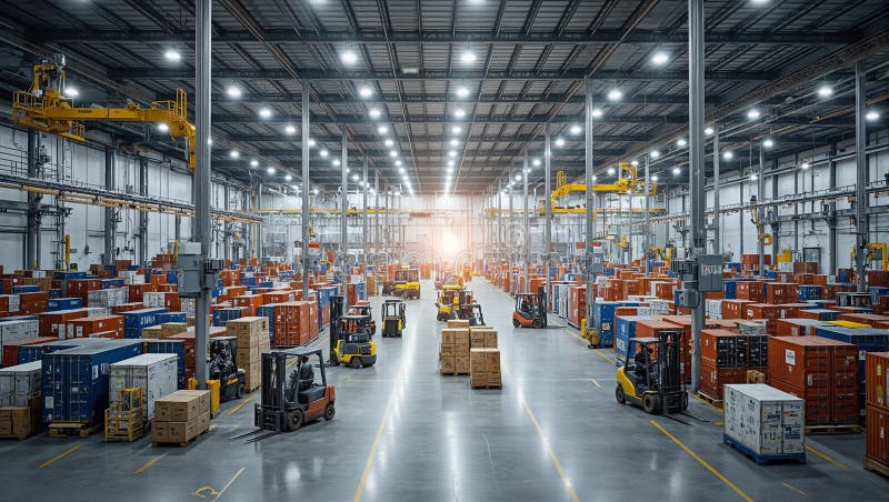 Πολυάσχολη αποθήκη logistics με ανελκυστήρες σε στοίβα και γερανούς εν δράσει απεικόνιση αποθεμάτων
