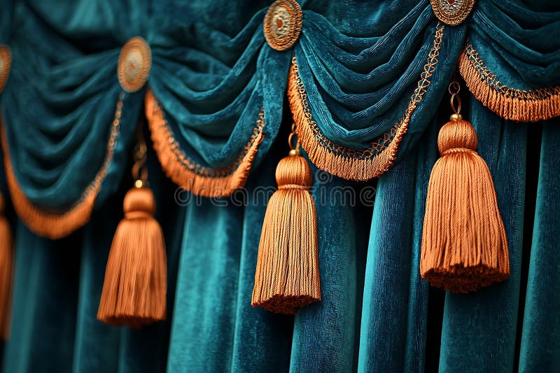 Πολυτελές Teal Velvet Drapery με Χρυσές Φούντες και Λεπτομέρειες Ένα κοντινό πλάνο φωτογραφίας που δείχνει πλούσια υφή και κομψό σ απεικόνιση αποθεμάτων