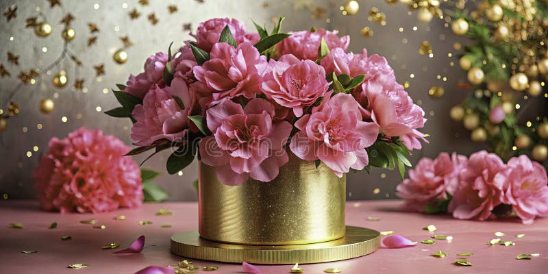 Πολυτελές ροζ Azalea Bouquet σε ένα Επιχρυσωμένο Βάθρο Μια εντυπωσιακή ανθοκομική διάταξη για την εκλεπτυσμένη φωτογραφία τροφίμων ελεύθερη απεικόνιση δικαιώματος