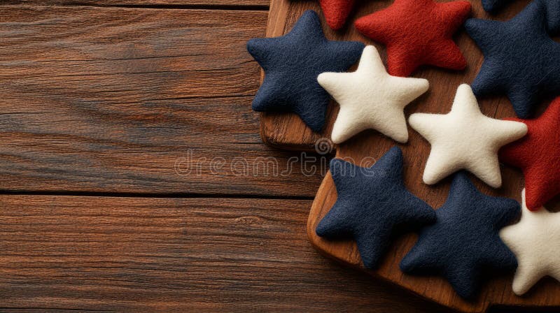 Πολύχρωμα αστέρια από πίλημα στο Rustic Wooden Board για εορταστική διακόσμηση και γιορτή ελεύθερη απεικόνιση δικαιώματος