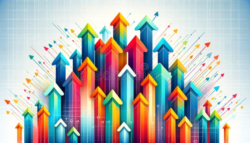 Vibrant illustration featuring a multitude of colorful arrows pointing upwards against an abstract grid background, symbolizing business growth, success, and dynamic progress in the corporate world. Generated with AI. Vibrant illustration featuring a multitude of colorful arrows pointing upwards against an abstract grid background, symbolizing business growth, success, and dynamic progress in the corporate world. Generated with AI.