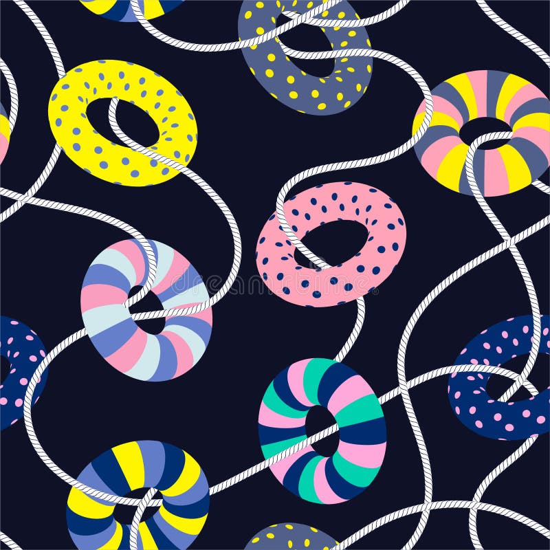 Colorful sweet patel mood of summer swim ring and nautical rope seamless pattern in vector EPS10,Design for fashion,fabric,web,wallaper,wrapping and all prints on navy blue background color. Colorful sweet patel mood of summer swim ring and nautical rope seamless pattern in vector EPS10,Design for fashion,fabric,web,wallaper,wrapping and all prints on navy blue background color