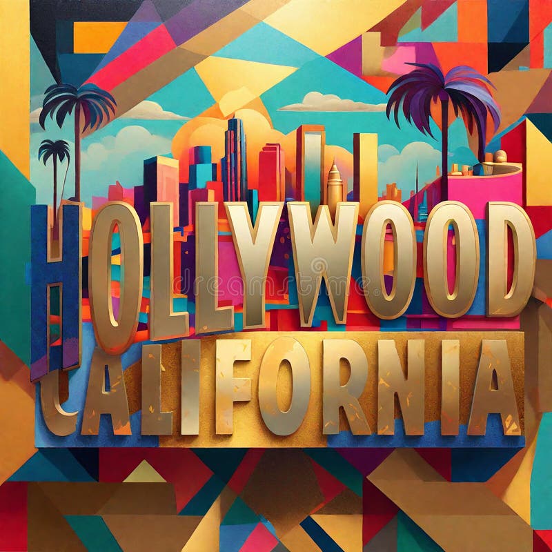 Hollywood California Abstract Travel Poster Postcard Image Logo Colorful with Los Angeles City Skyline and Palm Trees with gold accents. Hollywood California Abstract Travel Poster Postcard Image Logo Colorful with Los Angeles City Skyline and Palm Trees with gold accents