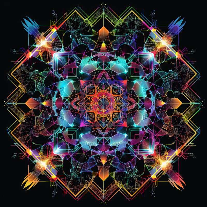 πολύχρωμο γεωμετρικό φράκταλ mandala με φώτα νέον και συμμετρικά μοτίβα ελεύθερη απεικόνιση δικαιώματος