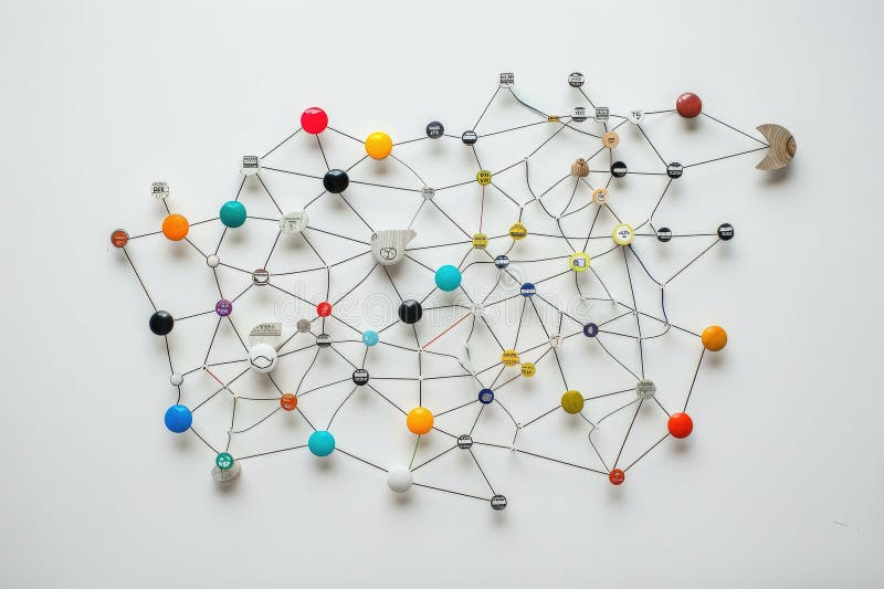 A colorful network of spheres with numbers and letters on them. The spheres are connected to each other in a web-like pattern. Concept of complexity and interconnectedness. A colorful network of spheres with numbers and letters on them. The spheres are connected to each other in a web-like pattern. Concept of complexity and interconnectedness