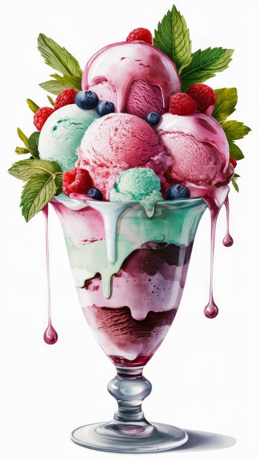 Colorful Mixed Berry Ice Cream Sundae with Raspberry, Blueberry Toppings in Glass. AI generated. Colorful Mixed Berry Ice Cream Sundae with Raspberry, Blueberry Toppings in Glass. AI generated