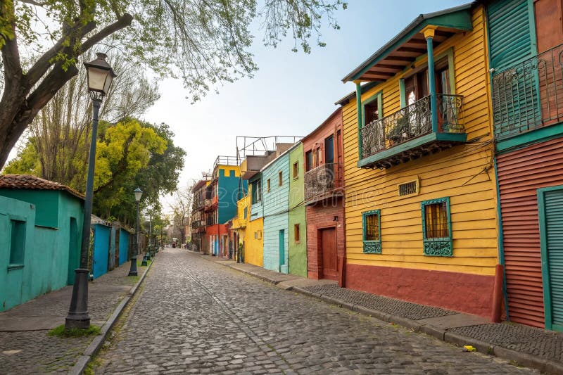 Πολύχρωμοι δρόμοι της La Boca Buenos Aires Αργεντινή. Τεχνητό AI διανυσματική απεικόνιση