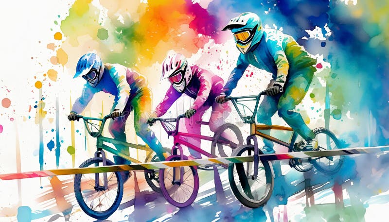 Vibrant watercolor illustration of BMX riders in action, featuring dynamic colors and motion on an abstract background. Perfect for sports and art themes. Vibrant watercolor illustration of BMX riders in action, featuring dynamic colors and motion on an abstract background. Perfect for sports and art themes