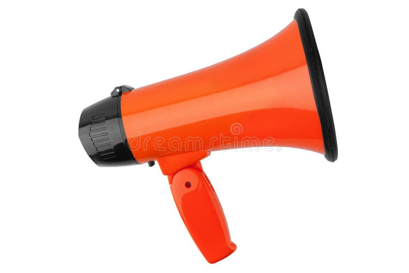 Πορτοκαλί megaphone στο άσπρο υπόβαθρο απομόνωσε κοντά επάνω, σχεδίου μεγάφωνων χεριών δυνατής -δυνατός-hailer ή ομιλίας σάλπιγγα