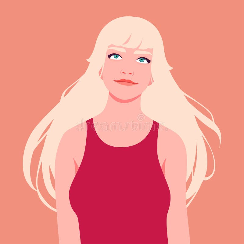 Portrait of a young woman with long blond hair fluttering in the wind. The blonde looks up and smiles cheerfully. Fashion and beauty. Colorful vector illustration in flat cartoon style. Portrait of a young woman with long blond hair fluttering in the wind. The blonde looks up and smiles cheerfully. Fashion and beauty. Colorful vector illustration in flat cartoon style.