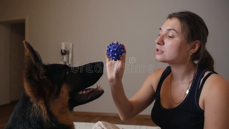 πορτρέτο μιας όμορφης νεαρής γυναίκας με το σκύλο της να παίζει με μπάλα στο σπίτι