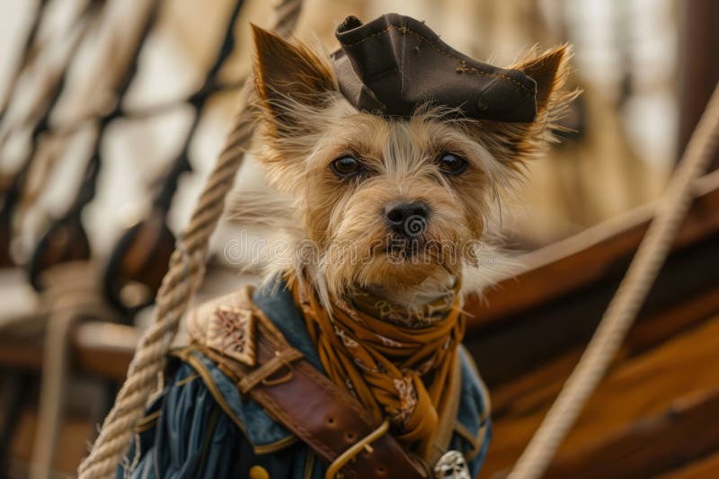 Dog dressed in pirate clothes and captain hat on ship. Sea Robber. Dog dressed in pirate clothes and captain hat on ship. Sea Robber