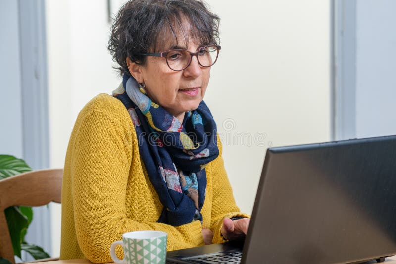 Πορτρέτο της όμορφης ώριμης γυναίκας brunette με ένα lap-top στο σπίτι στοκ εικόνες Πορτρέτο της όμορφης ώριμης γυναίκας brunette με ένα lap-top στο σπίτι στοκ εικόνες
