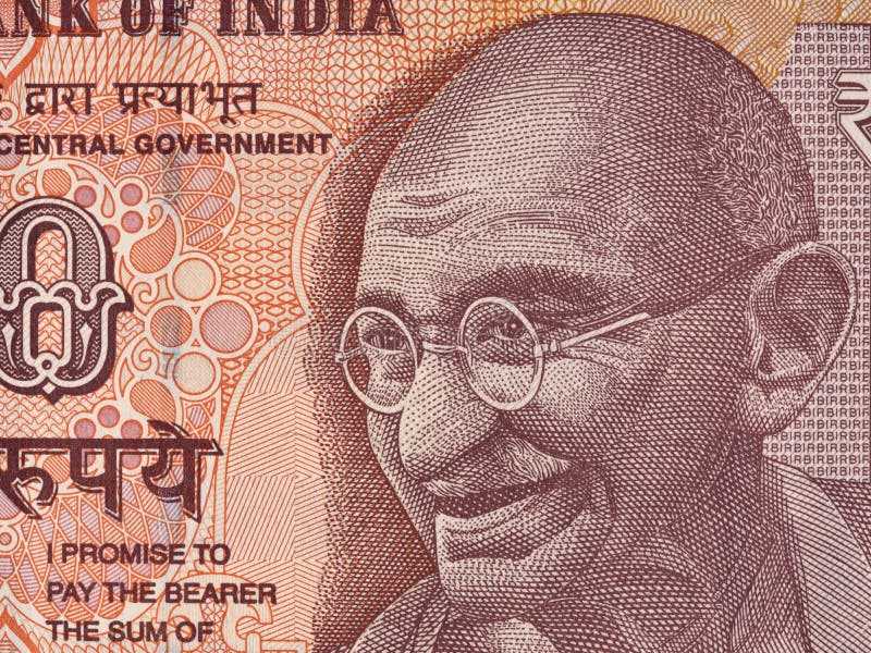 Πορτρέτο του Γκάντι Mahatma στην ινδική μακροεντολή τραπεζογραμματίων 10 ρουπίων, Indi στοκ φωτογραφία