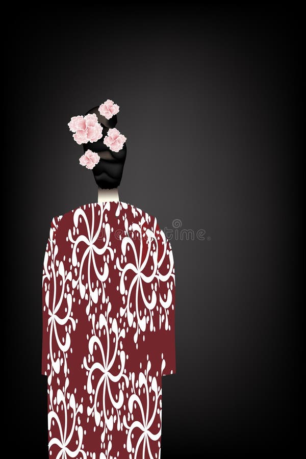 A geisha with pink flowers in her hair is viewed from behind. A geisha with pink flowers in her hair is viewed from behind.