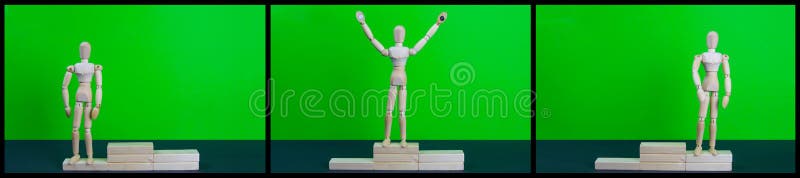 Full length portrait of male winner on winner`s pedestal, on green background. The composition of 3 components: 3 place, 2 place and 1 place winner. Full length portrait of male winner on winner`s pedestal, on green background. The composition of 3 components: 3 place, 2 place and 1 place winner