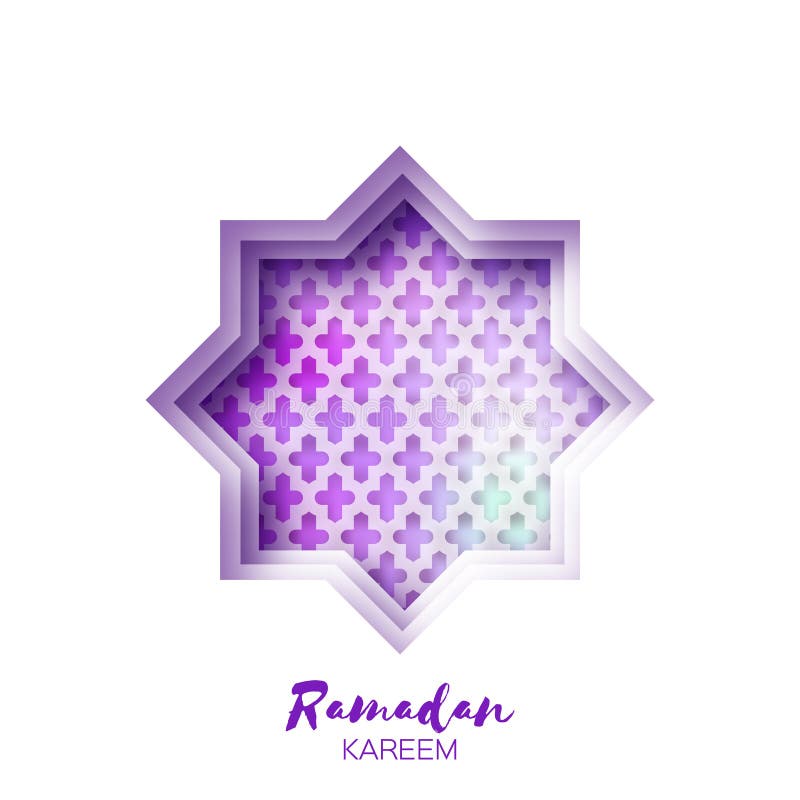 Πορφυρή ευχετήρια κάρτα Ramadan Kareem παραθύρων μουσουλμανικών τεμενών αστεριών Origami