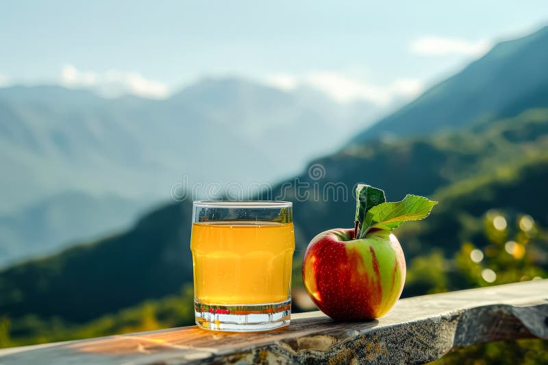 ποτήρι χυμό μήλου κάθεται σε ένα περβάζι δίπλα σε ένα κομμένο μήλο στοκ φωτογραφία με δικαίωμα ελεύθερης χρήσης