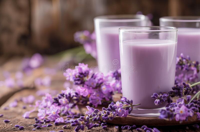 Three glasses of lavender infused milk surrounded by fresh lavender flowers AI generated. Three glasses of lavender infused milk surrounded by fresh lavender flowers AI generated