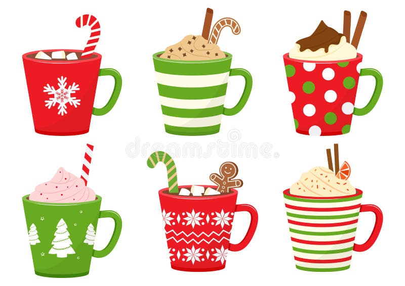 Winter holiday cups with drinks. Mugs with hot chocolate, cocoa or coffee, and cream. Gingerbread man cookie, candy cane, cinnamon sticks, marshmallows. Vector illustration. Winter holiday cups with drinks. Mugs with hot chocolate, cocoa or coffee, and cream. Gingerbread man cookie, candy cane, cinnamon sticks, marshmallows. Vector illustration