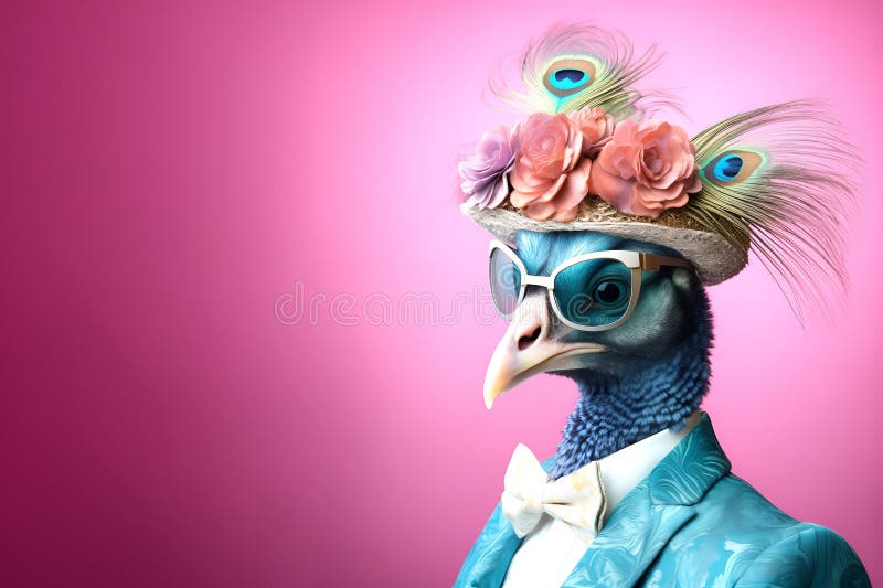 πουλί peacock σε φανταχτερά ρούχα υψηλής ραπτικής που απομονώνονται σε φωτεινή διαφήμιση φόντου. έννοια δημιουργικού ζώου. πουλί peacock σε γυαλιστερά ρούχα υψηλής ποιότητας απομονωμένα σε φωτεινό φόντο φωτοτυπικό χώρο. διαφημιστικό πρόσκλησης πάρτι γενεθλίων