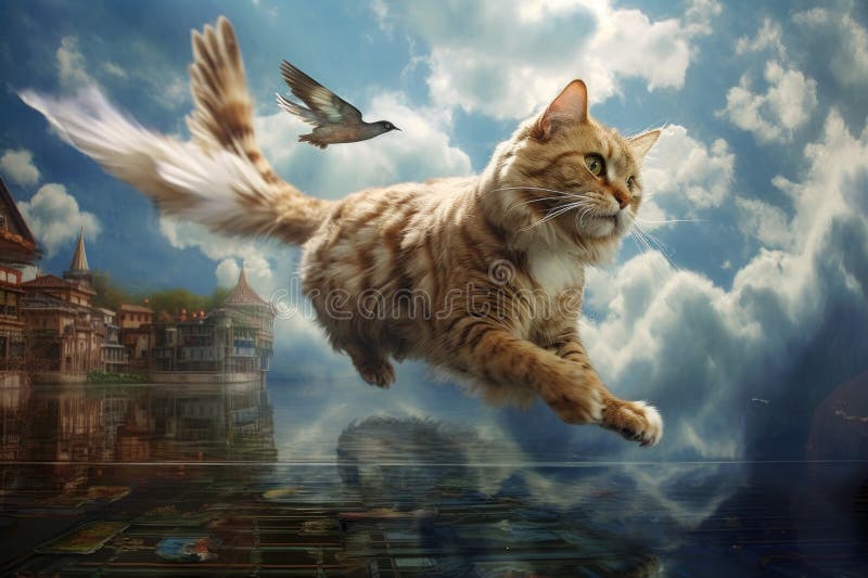 bird flying away with a cat chasing from below, created with generative ai AI generated. bird flying away with a cat chasing from below, created with generative ai AI generated