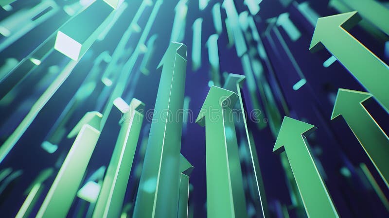 A vibrant 3D rendering showcasing an abundance of green arrows pointing upwards against a blue gradient background. The arrows, arranged in a dynamic pattern, symbolize growth and success in business AI generated. A vibrant 3D rendering showcasing an abundance of green arrows pointing upwards against a blue gradient background. The arrows, arranged in a dynamic pattern, symbolize growth and success in business AI generated