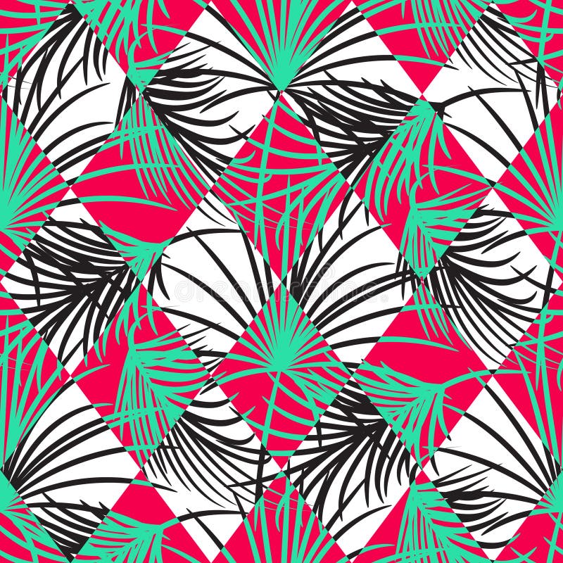 Green and red palm leaves and harlequin rhombs seamless vector pattern on white background. Tropical jungle nature leaf. Green and red palm leaves and harlequin rhombs seamless vector pattern on white background. Tropical jungle nature leaf.