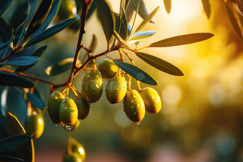 πράσινες ελιές σε κλαδί ελαιώνων κατά την ηλιοβασίλεμα. γενική ai στοκ φωτογραφία