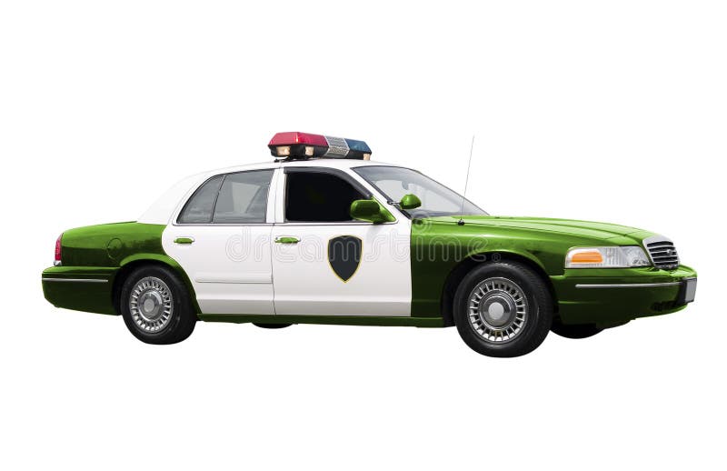 A green police car isolated on a white background. Green Police, environment concept. A green police car isolated on a white background. Green Police, environment concept.