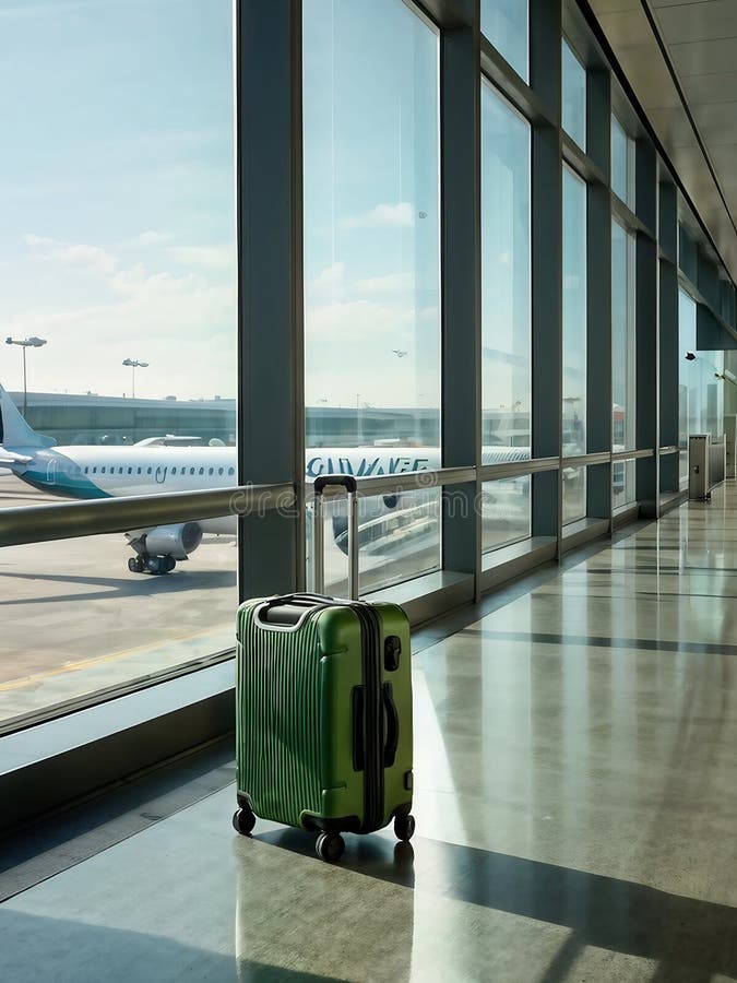 πράσινη βαλίτσα στο αεροδρόμιο διανυσματική απεικόνιση