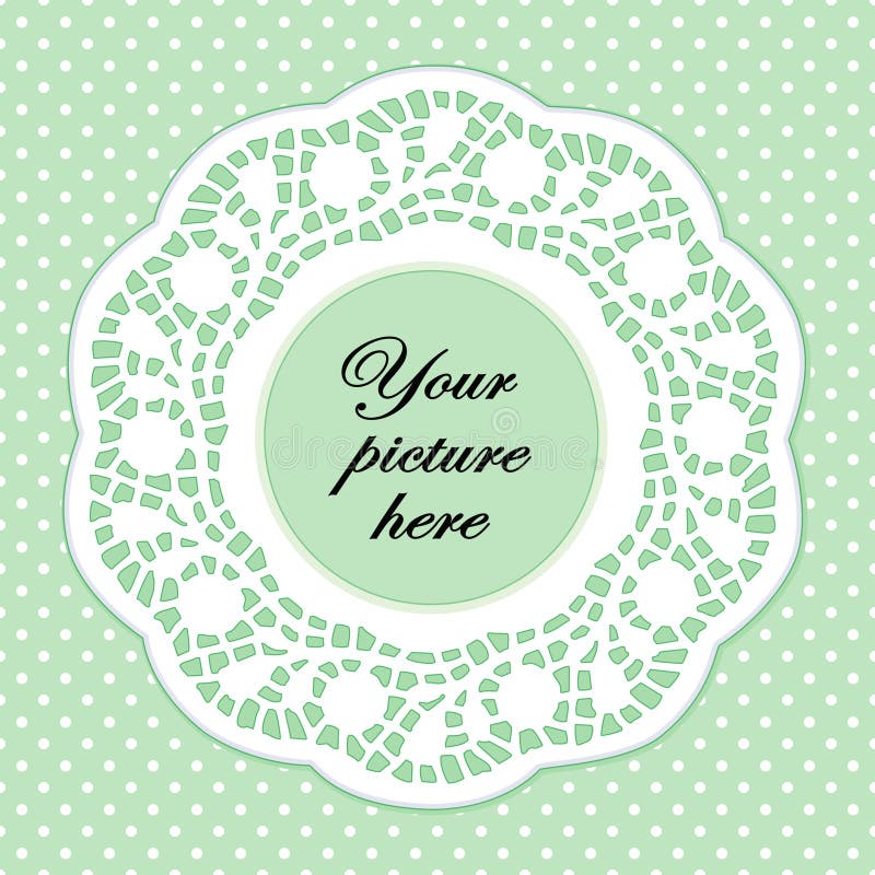 Copy space to add your special photo or message. Vintage lace doily frame on pastel green polka dot background for scrapbooks, albums, holidays, celebrations, sewing, decorating, arts, crafts. EPS8 in groups for easy editing. Copy space to add your special photo or message. Vintage lace doily frame on pastel green polka dot background for scrapbooks, albums, holidays, celebrations, sewing, decorating, arts, crafts. EPS8 in groups for easy editing.