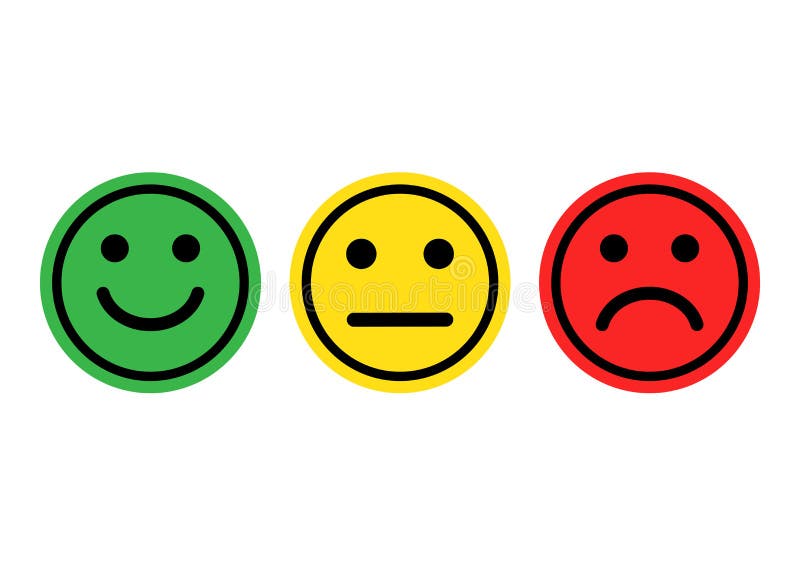 Green, yellow, red smileys emoticons icon positive, neutral and negative, different mood. Vector illustration. Green, yellow, red smileys emoticons icon positive, neutral and negative, different mood. Vector illustration