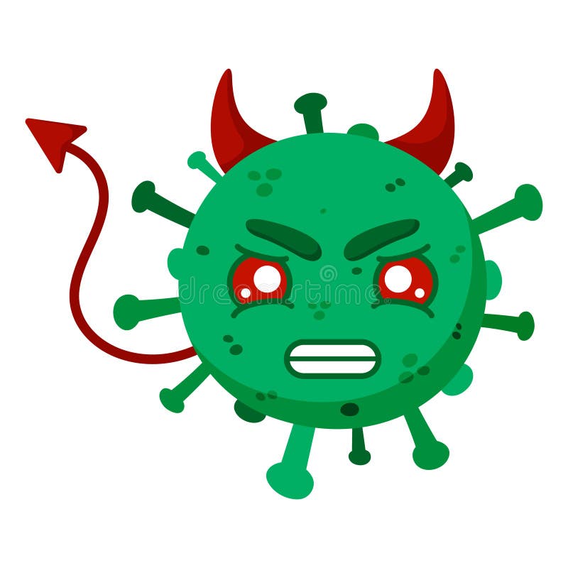 Green coronavirus with a horns and tail. Angry, aggressive devil. Covid-19. Funny cartoon character with emotion. Vector illustration isolated on a white background. EPS10. Green coronavirus with a horns and tail. Angry, aggressive devil. Covid-19. Funny cartoon character with emotion. Vector illustration isolated on a white background. EPS10