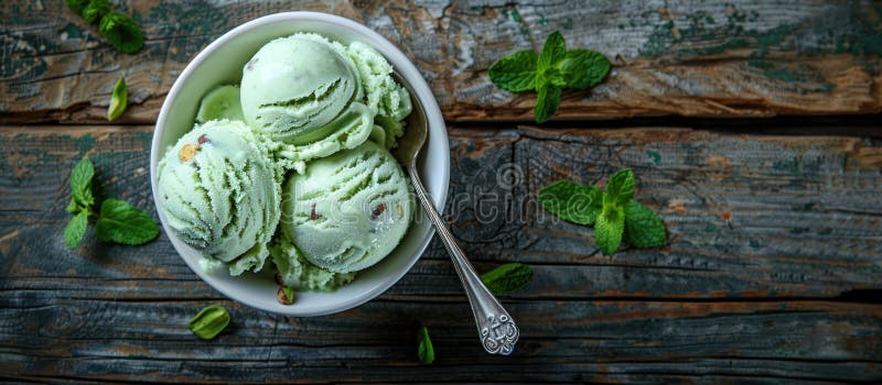 A wooden table displays a bowl filled with green ice cream, possibly pistachio or mint flavor, viewed from above. AI generated. A wooden table displays a bowl filled with green ice cream, possibly pistachio or mint flavor, viewed from above. AI generated
