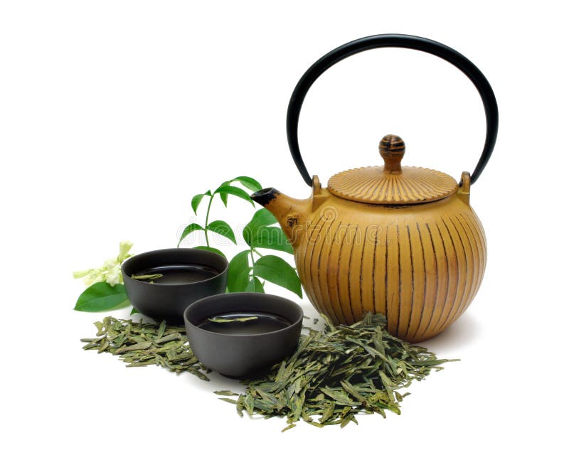 Chinese Long Jing green tea with small pot and cups isolated on white. Chinese Long Jing green tea with small pot and cups isolated on white