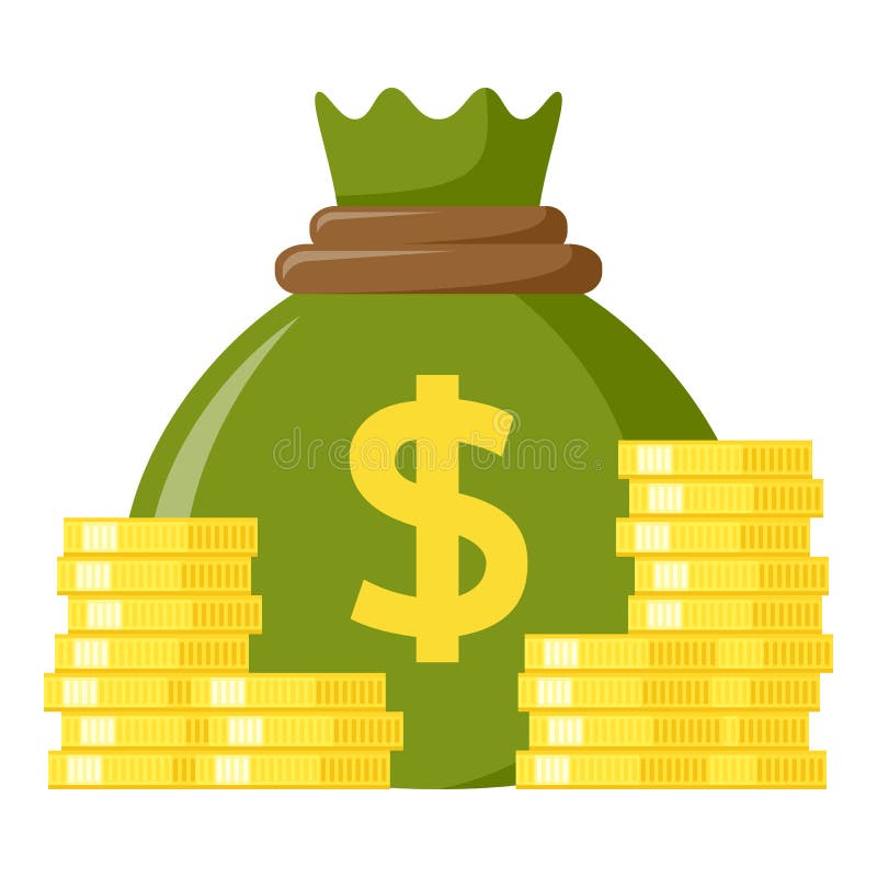 Green money bag flat icon with stacks of golden coins, isolated on white background. Eps file available. Green money bag flat icon with stacks of golden coins, isolated on white background. Eps file available.