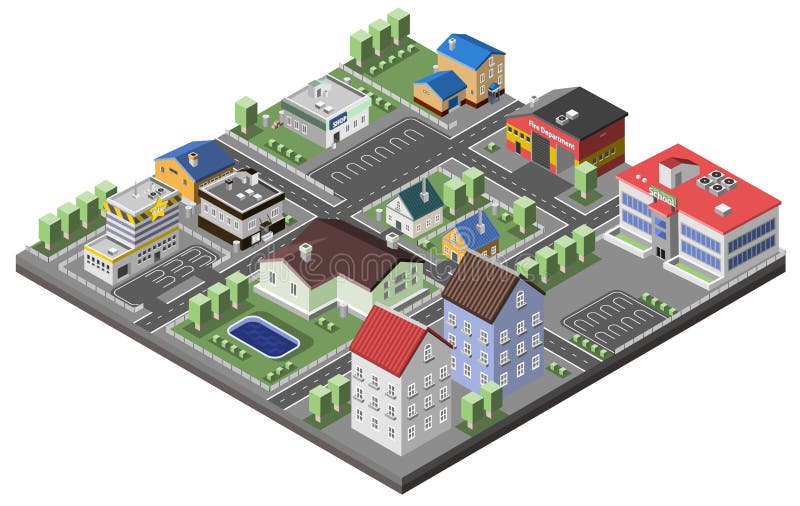 Προαστιακή έννοια Isometric απεικόνιση αποθεμάτων Προαστιακή έννοια Isometric απεικόνιση αποθεμάτων