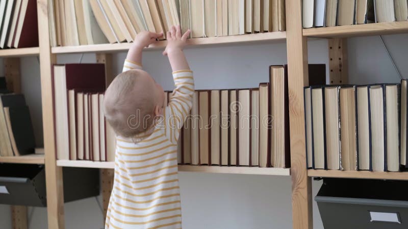 προβολή μικρού παιδιού που προσπαθεί να πάρει ένα βιβλίο από το ράφι. ένα παράξενο μωρό θέλει να διαβάσει ένα νέο παραμύθι