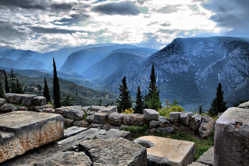 View of the main monuments and sites of Greece. Delphi. Oracle of Delphi. RUins. View of the main monuments and sites of Greece. Delphi. Oracle of Delphi. RUins