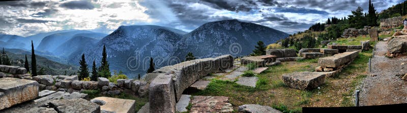 View of the main monuments and sites of Greece. Delphi. Oracle of Delphi. Ruins. View of the main monuments and sites of Greece. Delphi. Oracle of Delphi. Ruins