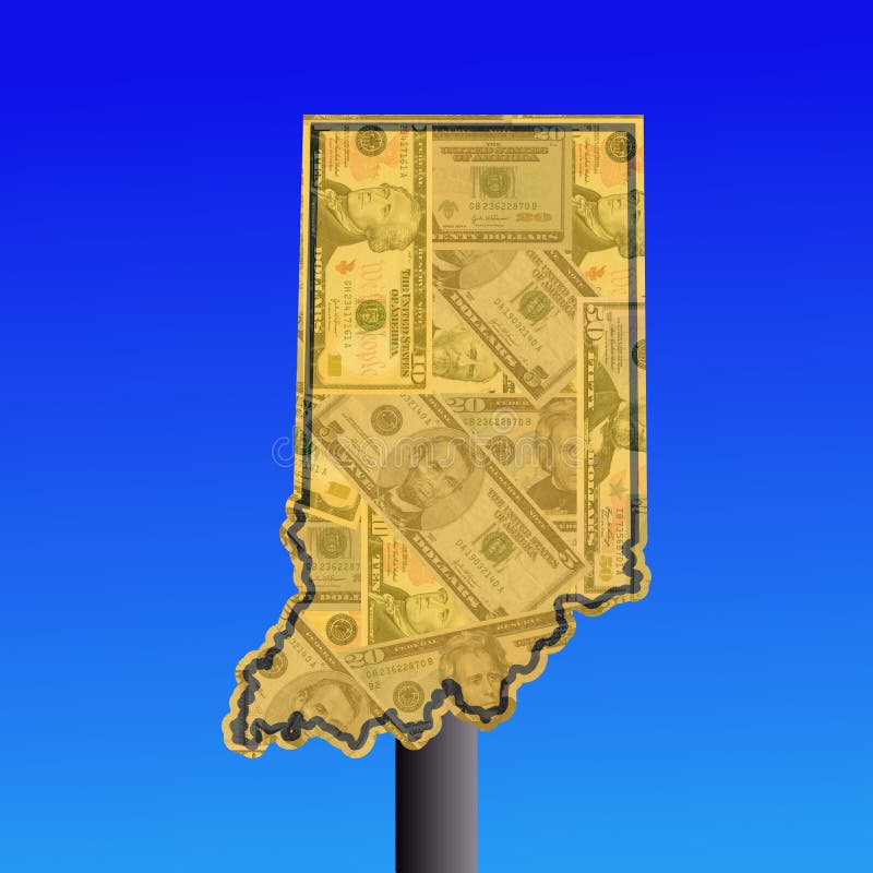 Warning sign in shape of Indiana with American dollars. Warning sign in shape of Indiana with American dollars