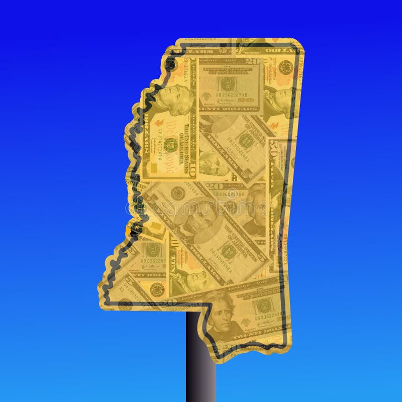 Warning sign in shape of Mississippi with American dollars. Warning sign in shape of Mississippi with American dollars