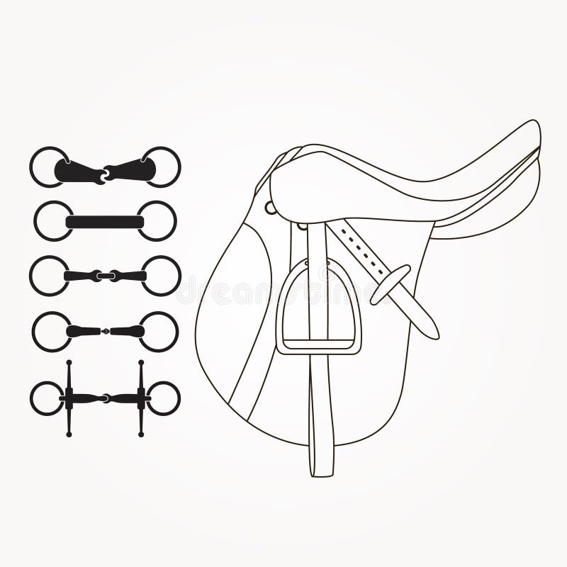 Horseback riding elements - saddle and different types of bits or snaffles. Horse supplies vector. Equine illustration. Horseback riding elements - saddle and different types of bits or snaffles. Horse supplies vector. Equine illustration.