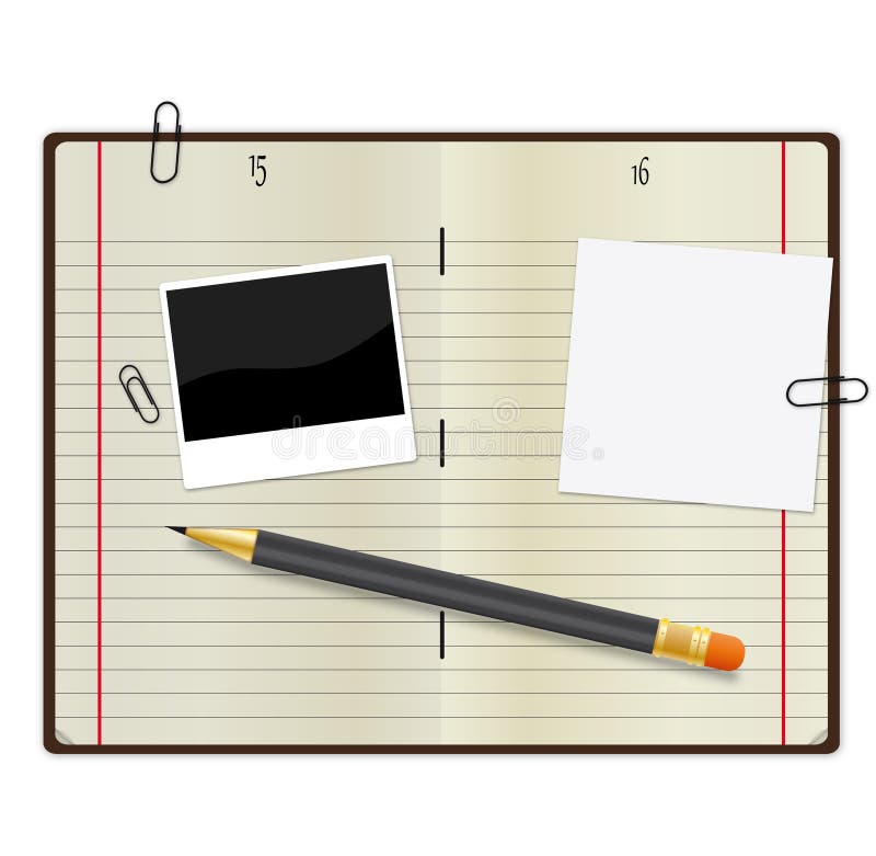 Notebook, pencil and other office supplies over a white background. Notebook, pencil and other office supplies over a white background.